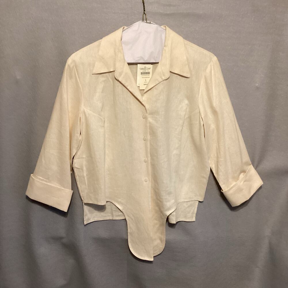 NWT Linen Blend Button‑Up Shirt – Soft Cream, Waist Tie, 3/4 Sleeves, Size Large